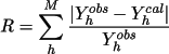 \[
             R = \sum_{h}^{M} { \frac { | Y_h^{obs} -Y_h^{cal} | }
                                  {  Y_h^{obs} } }
            \]
            